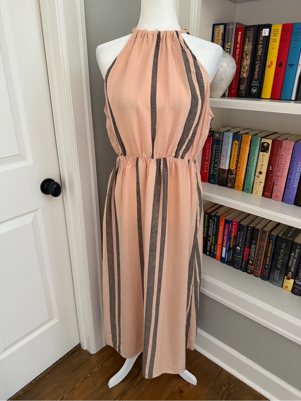 cloth & stone Peach Halter Midi Dress with Vertical Gray Stripes